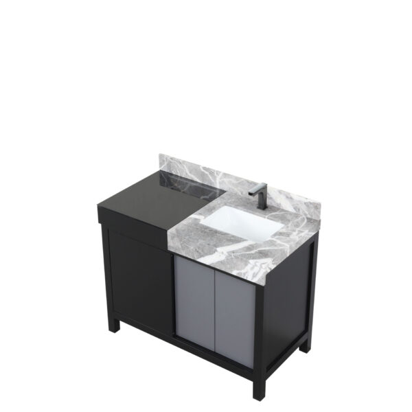 Zilara 42W x 22D Black and Grey Bath Vanity, Castle Grey Marble Top and Gun Metal Faucet Set