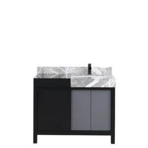 Zilara 42W x 22D Black and Grey Bath Vanity, Castle Grey Marble Top and Matte Black Faucet Set