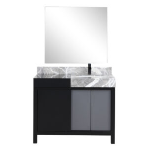 Zilara 42W x 22D Black and Grey Bath Vanity, Castle Grey Marble Top, Matte Black Faucet Set and 34Mirror