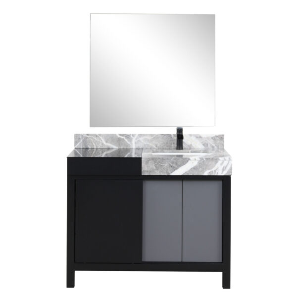 Zilara 42W x 22D Black and Grey Bath Vanity, Castle Grey Marble Top, Matte Black Faucet Set and 34Mirror