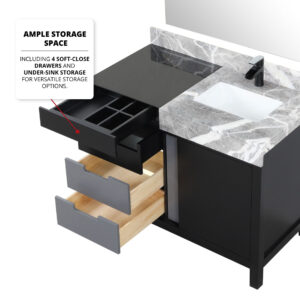 Zilara 42W x 22D Black and Grey Bath Vanity, Castle Grey Marble Top and Matte Black Faucet Set