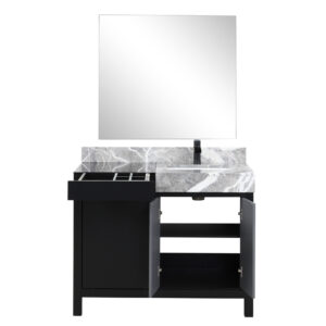 Zilara 42W x 22D Black and Grey Bath Vanity, Castle Grey Marble Top, Matte Black Faucet Set and 34Mirror