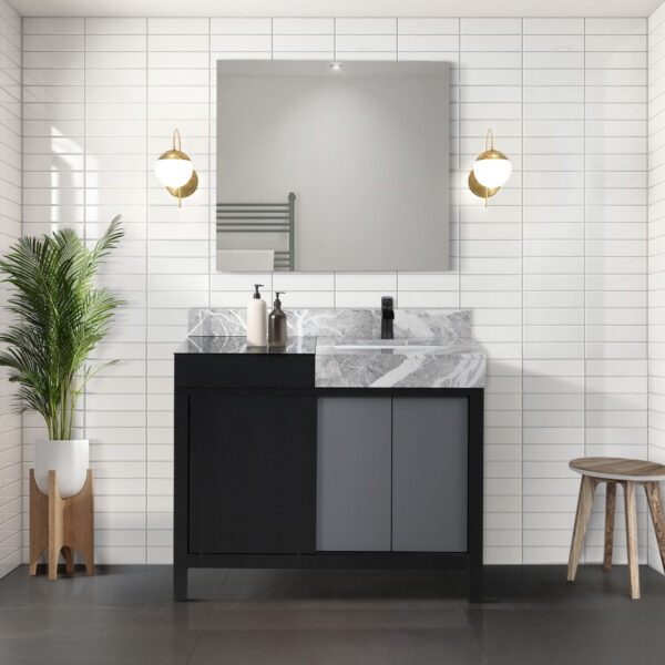 Zilara 36W x 22D Black and Grey Bath Vanity, Castle Grey Marble Top and Matte Black Faucet Set