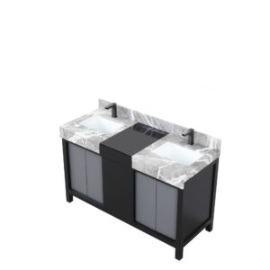 Zilara 55W x 22D Black and Grey Double Bath Vanity, Castle Grey Marble Top and Gun Metal Faucet Set