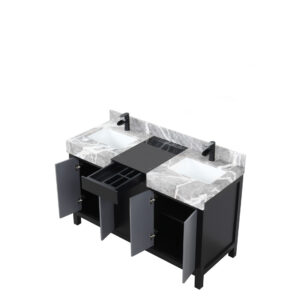 Zilara 55W x 22D Black and Grey Double Bath Vanity, Castle Grey Marble Top and Matte Black Faucet Set