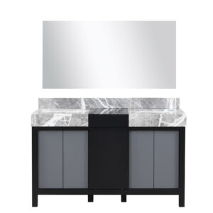 Zilara 55W x 22D Black and Grey Double Bath Vanity, Castle Grey Marble Top and 53Mirror