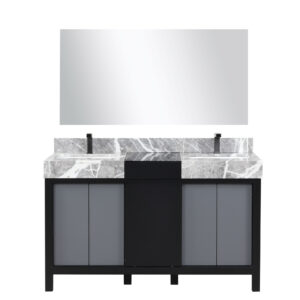 Zilara 55W x 22D Black and Grey Double Bath Vanity, Castle Grey Marble Top, Gun Metal Faucet Set and 53Mirror