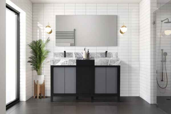 Zilara 55W x 22D Black and Grey Double Bath Vanity, Castle Grey Marble Top and Gun Metal Faucet Set