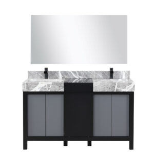 Zilara 55W x 22D Black and Grey Double Bath Vanity, Castle Grey Marble Top, Matte Black Faucet Set and 53Mirror