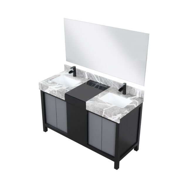 Zilara 55W x 22D Black and Grey Double Bath Vanity, Castle Grey Marble Top, Matte Black Faucet Set and 53Mirror