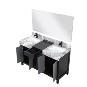 Zilara 55W x 22D Black and Grey Double Bath Vanity, Castle Grey Marble Top, Matte Black Faucet Set and 53Mirror