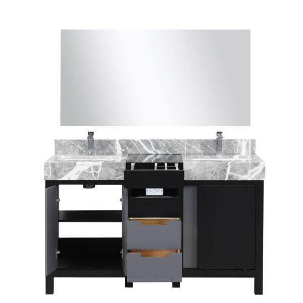 Zilara 55W x 22D Black and Grey Double Bath Vanity, Castle Grey Marble Top, Chrome Faucet Set and 53Mirror