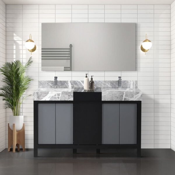 Zilara 55W x 22D Black and Grey Double Bath Vanity and Castle Grey Marble Top