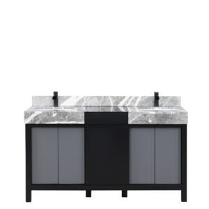 Zilara 60W x 22D Black and Grey Double Bath Vanity, Castle Grey Marble Top and Matte Black Faucet Set