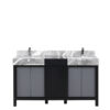 Zilara 60W x 22D Black and Grey Double Bath Vanity, Castle Grey Marble Top and Chrome Faucet Set