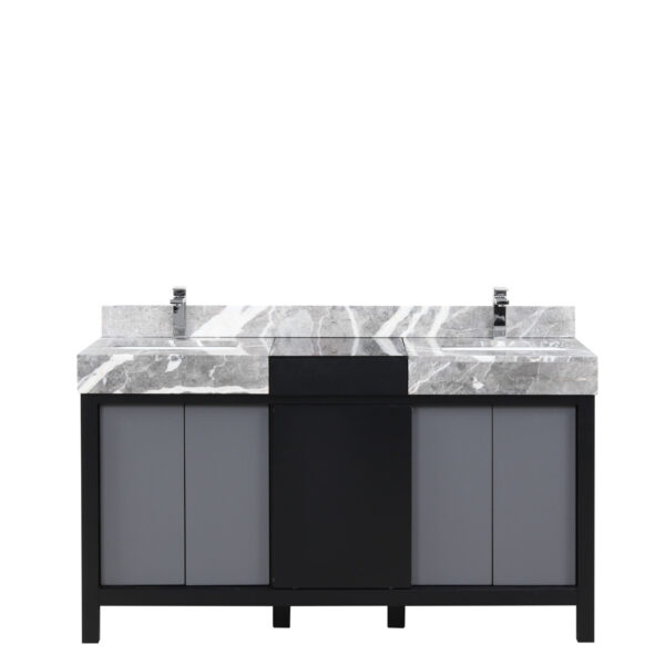 Zilara 60W x 22D Black and Grey Double Bath Vanity, Castle Grey Marble Top and Chrome Faucet Set