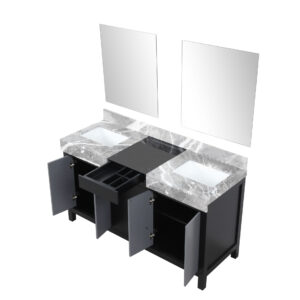 Zilara 60W x 22D Black and Grey Double Bath Vanity, Castle Grey Marble Top and 28Mirrors