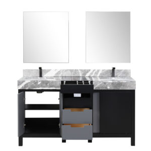 Zilara 60W x 22D Black and Grey Double Bath Vanity, Castle Grey Marble Top, Gun Metal Faucet Set and 28Mirrors