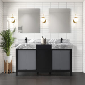 Zilara 60W x 22D Black and Grey Double Bath Vanity and Castle Grey Marble Top