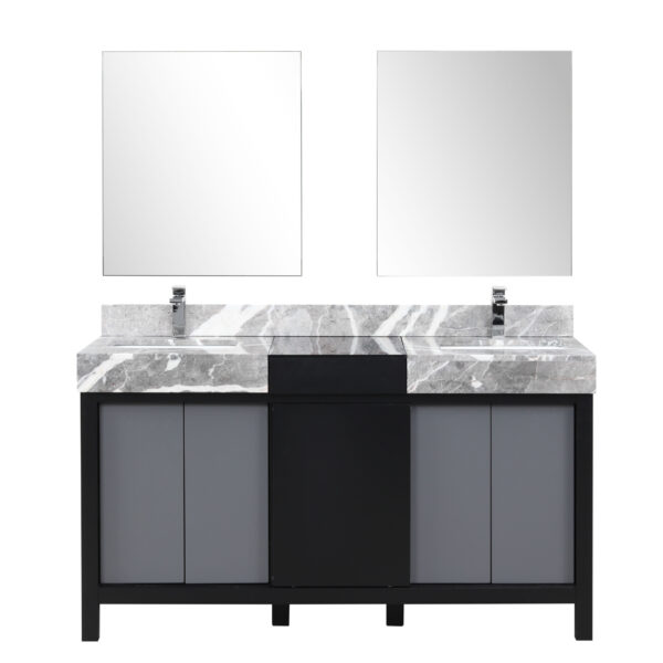 Zilara 60W x 22D Black and Grey Double Bath Vanity, Castle Grey Marble Top, Chrome Faucet Set and 28Mirrors