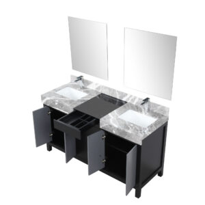 Zilara 60W x 22D Black and Grey Double Bath Vanity, Castle Grey Marble Top, Chrome Faucet Set and 28Mirrors