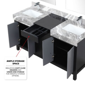 Zilara 60W x 22D Black and Grey Double Bath Vanity, Castle Grey Marble Top and Chrome Faucet Set