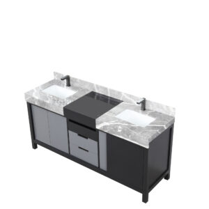 Zilara 72W x 22D Black and Grey Double Bath Vanity, Castle Grey Marble Top and Gun Metal Faucet Set