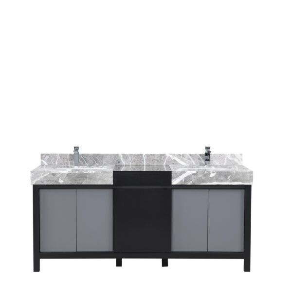 Zilara 72W x 22D Black and Grey Double Bath Vanity, Castle Grey Marble Top and Chrome Faucet Set