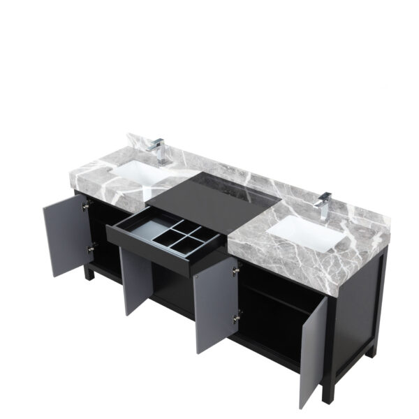 Zilara 80W x 22D Black and Grey Double Bath Vanity, Castle Grey Marble Top and Chrome Faucet Set