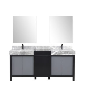 Zilara 72W x 22D Black and Grey Double Bath Vanity, Castle Grey Marble Top, Gun Metal Faucet Set and 28Mirrors