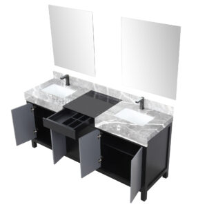 Zilara 72W x 22D Black and Grey Double Bath Vanity, Castle Grey Marble Top, Gun Metal Faucet Set and 28Mirrors