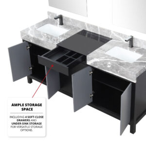 Zilara 72W x 22D Black and Grey Double Bath Vanity, Castle Grey Marble Top and Gun Metal Faucet Set