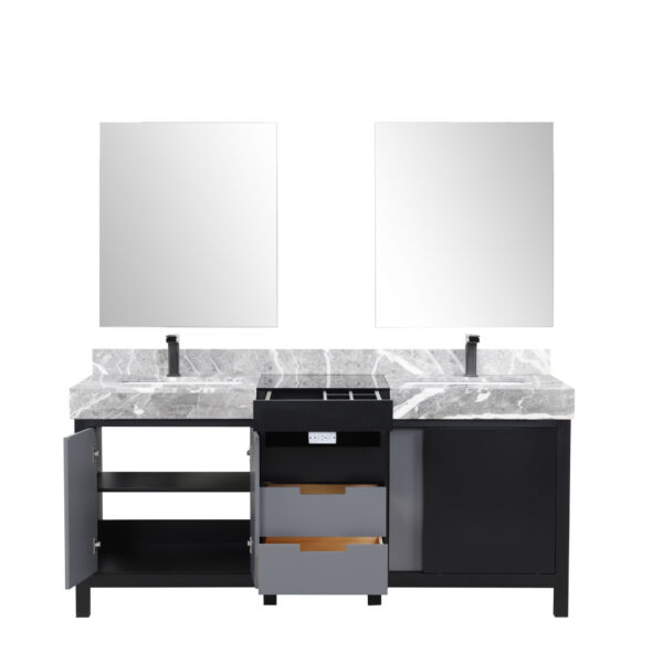 Zilara 72W x 22D Black and Grey Double Bath Vanity, Castle Grey Marble Top, Gun Metal Faucet Set and 28Mirrors