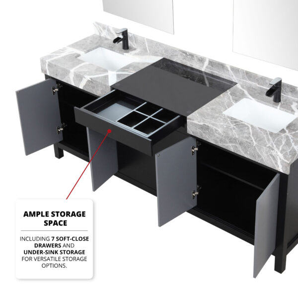 Zilara 80W x 22D Black and Grey Double Bath Vanity, Castle Grey Marble Top and Matte Black Faucet Set