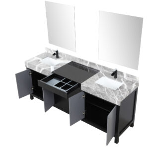 Zilara 80W x 22D Black and Grey Double Bath Vanity, Castle Grey Marble Top, Matte Black Faucet Set and 30Mirrors