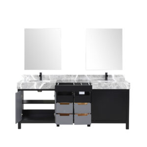 Zilara 80W x 22D Black and Grey Double Bath Vanity, Castle Grey Marble Top, Matte Black Faucet Set and 30Mirrors