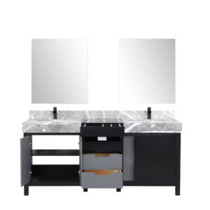 Zilara 72W x 22D Black and Grey Double Bath Vanity, Castle Grey Marble Top, Matte Black Faucet Set and 28Mirrors