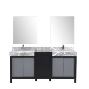 Zilara 72W x 22D Black and Grey Double Bath Vanity, Castle Grey Marble Top, Chrome Faucet Set and 28Mirrors