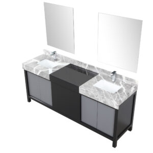 Zilara 80W x 22D Black and Grey Double Bath Vanity, Castle Grey Marble Top, Chrome Faucet Set and 30Mirrors