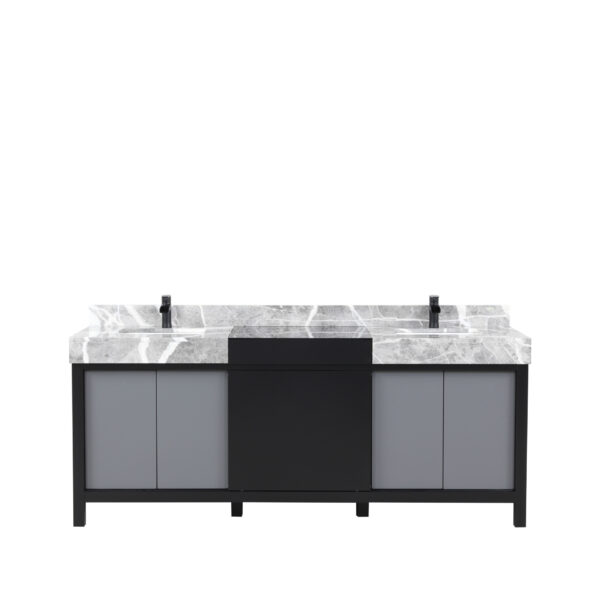 Zilara 80W x 22D Black and Grey Double Bath Vanity, Castle Grey Marble Top and Matte Black Faucet Set