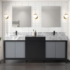 Zilara 80W x 22D Black and Grey Double Bath Vanity, Castle Grey Marble Top and Matte Black Faucet Set