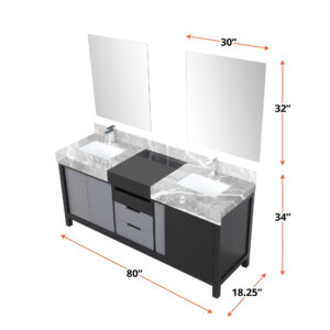 Zilara 80W x 22D Black and Grey Double Bath Vanity, Castle Grey Marble Top, Chrome Faucet Set and 30Mirrors