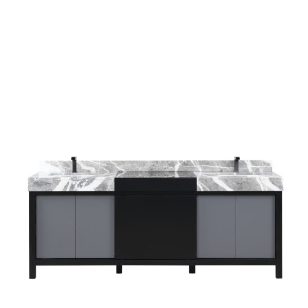 Zilara 84W x 22D Black and Grey Double Bath Vanity, Castle Grey Marble Top and Gun Metal Faucet Set