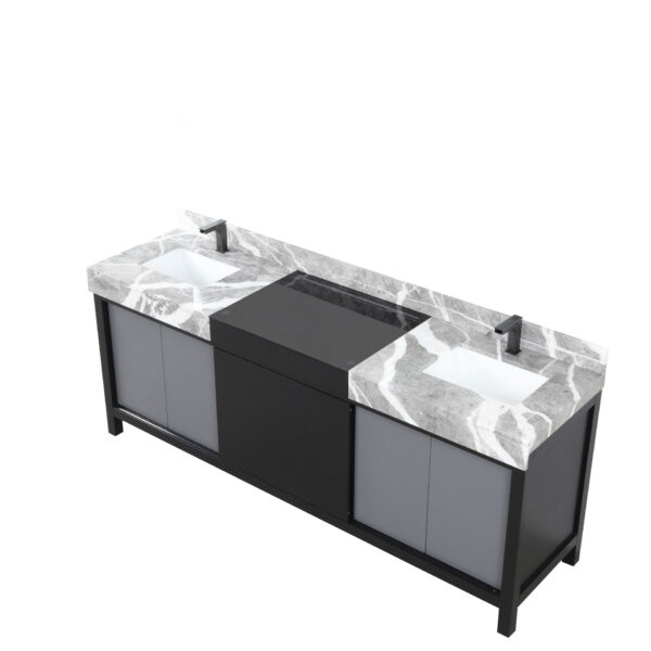 Zilara 84W x 22D Black and Grey Double Bath Vanity, Castle Grey Marble Top and Gun Metal Faucet Set