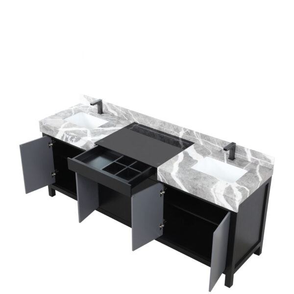 Zilara 84W x 22D Black and Grey Double Bath Vanity, Castle Grey Marble Top and Gun Metal Faucet Set