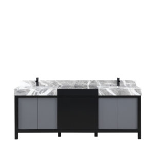 Zilara 84W x 22D Black and Grey Double Bath Vanity, Castle Grey Marble Top and Matte Black Faucet Set