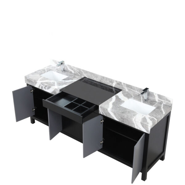 Zilara 84W x 22D Black and Grey Double Bath Vanity, Castle Grey Marble Top and Chrome Faucet Set