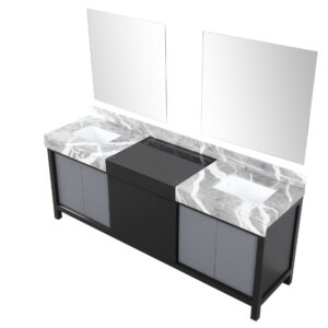 Zilara 84W x 22D Black and Grey Double Bath Vanity, Castle Grey Marble Top and 34Mirrors