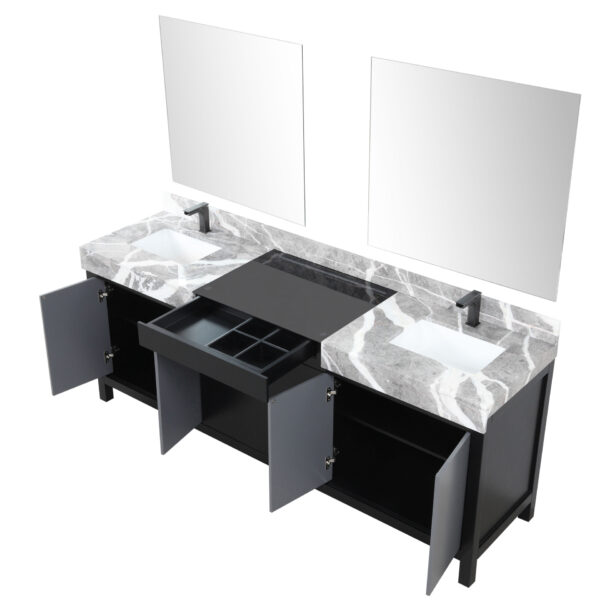 Zilara 84W x 22D Black and Grey Double Bath Vanity, Castle Grey Marble Top, Gun Metal Faucet Set and 34Mirrors