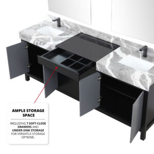 Zilara 84W x 22D Black and Grey Double Bath Vanity, Castle Grey Marble Top and Gun Metal Faucet Set